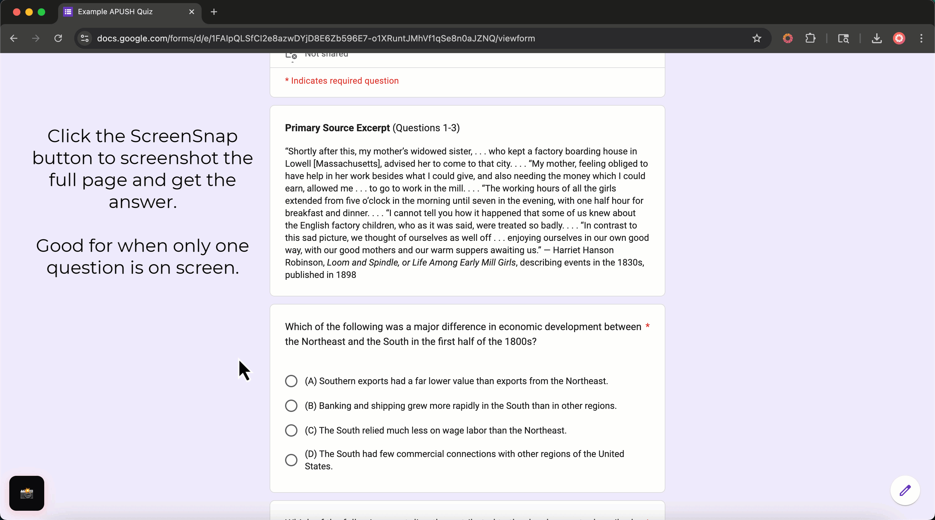 Demo of full page screenshot — click the ScreenSnap button to get an answer